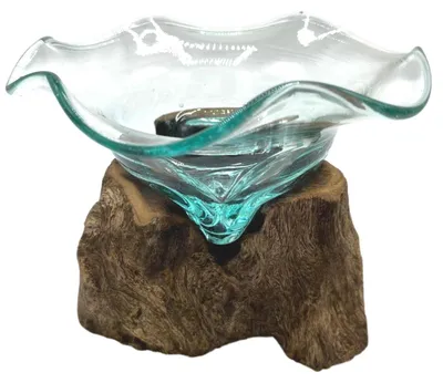 Image de Bol en verre moulé pour bonbons, sur socle en bois