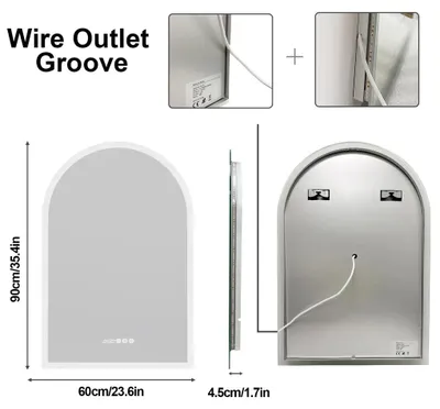 Zdjęcie produktu dla Lustro do łazienki LED - Zakrzywione lustro ścienne - Inteligentne, z możliwością regulacji jasności - Antyfog (zapobiega parowaniu) - Wyświetlacz czasu i temperatury - 3 barwy światła - 60x90 cm