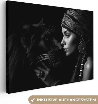 Obrázek produktu pro OneMillionCanvasses® - Plátna - Žena - Panter - Luxusní - Černá - Bílá - Zvíře, Nástěnný obraz, Nástěnná dekorace Obývací pokoj, 80x60cm
