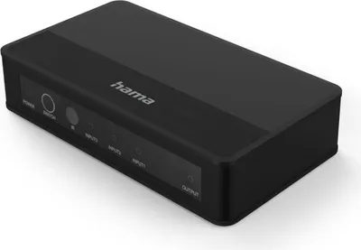 A black HDMI switch with the brand name 'hama' visible on the top.