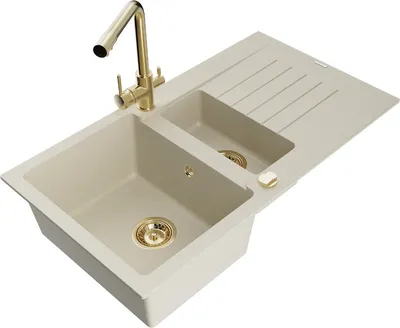 Produktbild von Mexen Matias 1,5-Becken-Granitspüle mit Abtropffläche und Mischbatterie Duero, Beige - 6502-69-671600-50