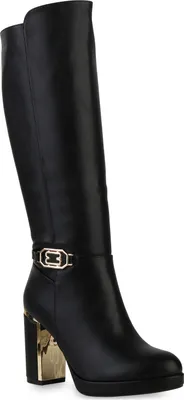 A single black boot with gold accents is shown against a white background.