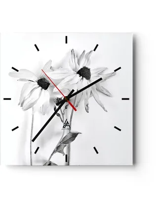 Produktbild von Wanduhr - Quadrat - Glasuhr - Verwelkt Blumen Monochrom - 40x40cm - Schleichendes Uhrwerk - Lautlos - zum Aufhängen bereit - Dekoration Modern - Wanddekoration aus Glas - C3AC40x40-4737