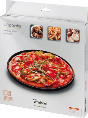 The image shows the packaging of a Whirlpool Crisp Series medium plate for microwaves.