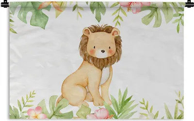 Produktbild von MuchoWow® Wandteppich Wandbehang Löwe - Dschungel - Pflanzen - Blumen 90x60 cm Tapisserie Dekoration Wandtuch - Wandskulpturen - Bildteppich