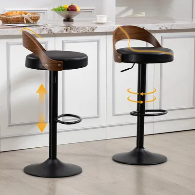 Produktbild von LVHOM 2er Set Barhocker Höhenverstellbar, Kunstleder Tresenhocker 360° Drehbar mit Lehne, Barstuhl Vintage Walnuss Optik, für Kücheninsel, Schwarz