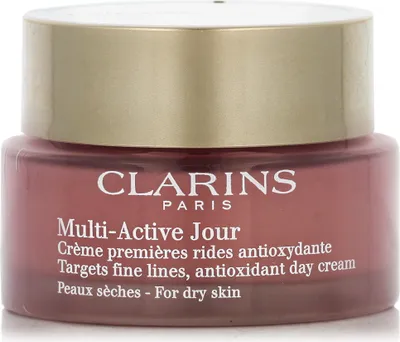 A close-up studio shot of a Clarins Multi-Active Jour antioxidant day cream jar for dry skin.