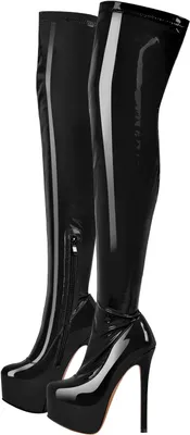 Productafbeelding van Dameslaarzen overknee met stretch, stiletto-hak en plateauzool in zwarte laklook