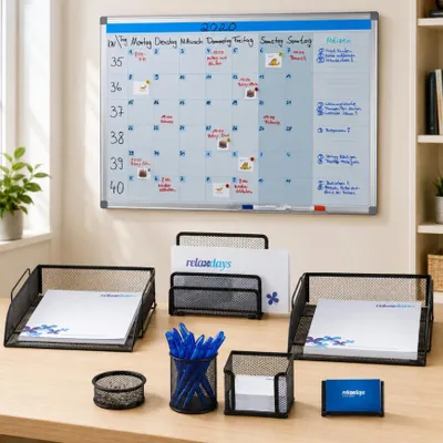 Immagine prodotto di Set per l'organizzazione dell'ufficio (2 pezzi) – Lavagna magnetica e organizer da scrivania in metallo (7 pezzi)