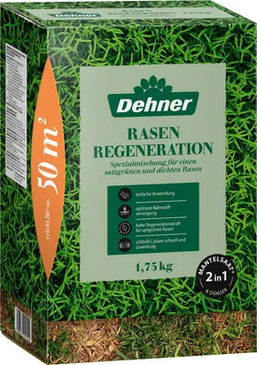 Produktbild von Dehner Rasen-Reparatur Regeneration, Saatgut und Dünger in einem für strapazierfähigen Rasen, schnell keimend / pflegeleicht, ideal für beschädigte Rasenflächen, FSC-e Verpackung, 1.75 kg für ca. 50 m²