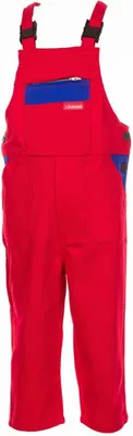 A pair of red and blue children's overalls.