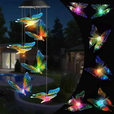 Produktbild von Farbwechselndes Solar-Windspiel Schmetterling, 1 Stück, Wasserdichte LED-Dekoleuchte, Für Garten Terrasse Balkon Innenbereich