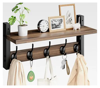 Produktbild von Wandgarderobe mit Ablage, Holzregal mit 5 Metallhaken, Wandmontiertes Hängeregal mit Kleiderstange, 40 cm Garderobe für Eingangsbereich, Schlafzimmer, Wohnzimmer, Flur