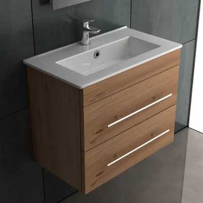 A modern bathroom vanity with a sink and two drawers, set against a tiled wall.