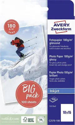 Zdjęcie produktu dla AVERY ZWECKFORM BIG PACK Photopapier Inkjet 10x15 100 Bl. weiss hochglänzend 180g/m² 666000 4004182410264