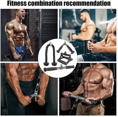 Image de Kit complet d'accessoires pour câble d'entraînement pour homegym Unyqoos® – barre droite et barre en V pivotantes (Ø 38 cm), corde de triceps de 92 cm, poignées en caoutchouc, capacité jusqu'à 400 kg, compatible avec les machines de tirage vertical et les appareils de crossover