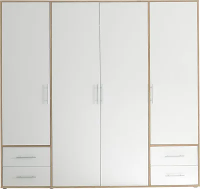 Produktbild von Kleiderschrank Valencia - 206x60x195cm - 4 Türen und 4 Schubladen - weiß/Eiche Nachbildung