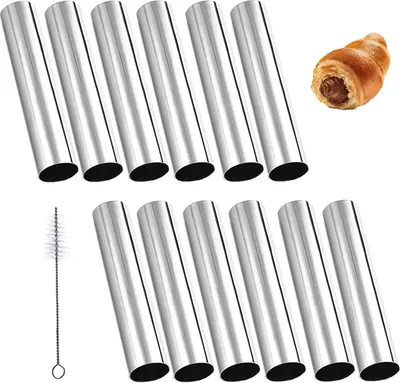 Produktbild von 12-teiliges Set aus röhrenförmigen Sahnehörnchen, Gebäckformen aus Edelstahl für Blätterteig, Kuchen, Eiscreme und Pfannkuchen, inklusive Reinigungsbürste (12,7 cm).