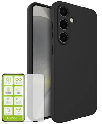 Image de Coque de protection en silicone et TPU pour Samsung Galaxy S25 Plus, noire + verre trempé 9H