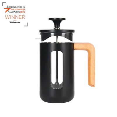 A black French press coffee maker with a wooden handle, displayed on a white background.