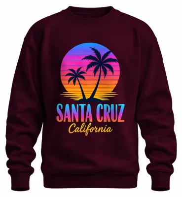 Immagine prodotto di Felpa con cappuccio, stile anni '80, con immagine del tramonto a Santa Cruz, California, con palme, in colore bordeaux, taglia XL