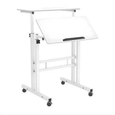 Produktbild von Mobiler höhenverstellbarer Sitz-Steh-Schreibtisch - Laptop Tisch mit Rollen & neigbarer Tischplatte - Ergonomischer Arbeitstisch für Homeoffice & Büro - Weiß