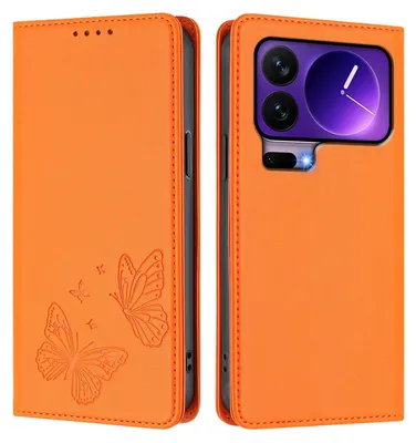 Obrázek produktu pro Kožené pouzdro pro Xiaomi 17 Pro, motýlí ražbou, peněženkové flip pouzdro se stojánkem Oranžová
