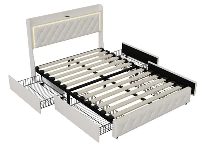 Obrázek produktu pro Postel s čalouněnou konstrukcí - manželská postel - 140 x 190 cm - 4 zásuvky - úložný prostor - LED osvětlení - USB nabíjecí port - béžová barva