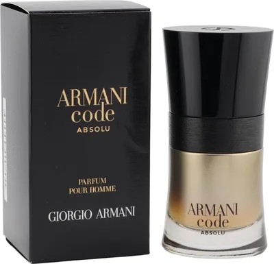 Armani Code Absolu Flakon in Gold-Schwarz neben schwarzer Box mit goldener Aufschrift auf weißem Hintergrund.