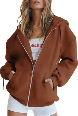Produktbild von ASKSA Damen Kapuzenjacke Vintage Oversize Sweatjacke Reißverschluss Hoodie Sweatshirt, Braun, S