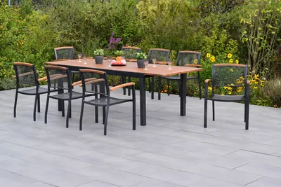 Produktbild von Merxx Gartenmöbel Set Tilos 9tlg., 8 Stapelsessel, Ausziehtisch 180 (250) x 100 cm- Aluminium/Akazie