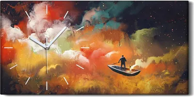 Produktbild von Wandbild Leinwand Bilder Wanduhr 60x30 Kunst Mann auf einem Boot im Weltraum - weiße Hände
