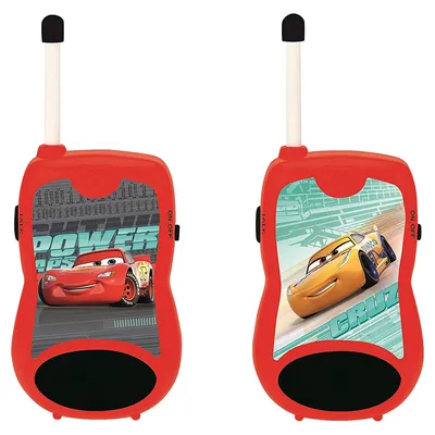Two red walkie-talkies with Disney Cars characters on them, displayed side-by-side against a white background.