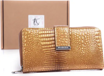 Produktbild von ennifer Jones Damen Echtleder Portemonnaie, Geldbörse Geldbeutel Portmonee groß, RFID-Schutz, 17 Kartenfächer, lackiert, mit Reißverschluss Gold