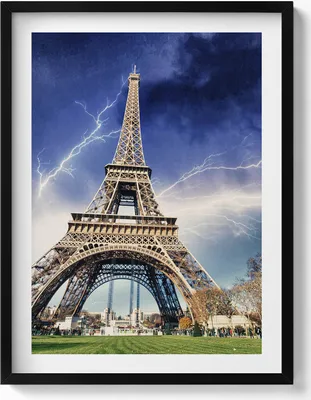 Produktbild von Eiffelturm, Blitze und Gewitter– Wandbild mit Rahmen – Gerahmtes Bild  – Wanddekoration – 60x80 cm –  Schwarz Rahmen