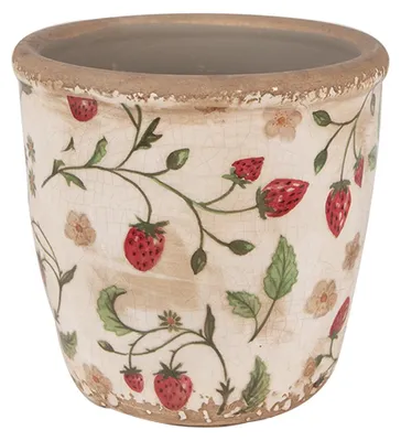 Productafbeelding van Clayre & Eef bloempot, diameter 14 cm, hoogte 13 cm, beige, aardewerk, met aardbeienprint