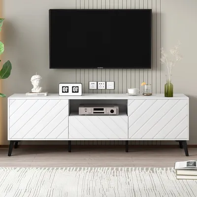 Produktbild von TV-Schrank 1,7 Meter langer weißer TV-Ständer mit 2 Türen und 1 Schubladen TV Kabinett mit Multifunktionaler Stauraum Stabile Standfüße