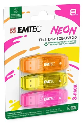 A retail package containing three USB flash drives in neon colors.