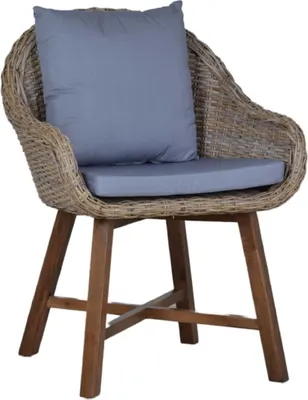 A close-up studio shot of a rattan armchair with cushions.