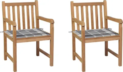 Produktbild von Gartenstühle 2 Stk. Graue Karomuster-Kissen Massivholz Teak