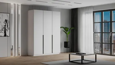 Zdjęcie produktu dla Stylowa szafa LIZA 3-drzwiowa 150cm otwierana biała, w komplecie z półkami, drążkiem i uchwytem czarnym lub złotym, klasyka w nowoczesnym wydaniu