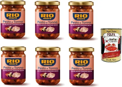 Produktbild von Rio mare-Pesto al Tonno con melanzane e pomodori secchi Thunfischpesto mit Auberginen und getrockneten Tomaten 6x 130gr + Italian Gourmet polpa 400g