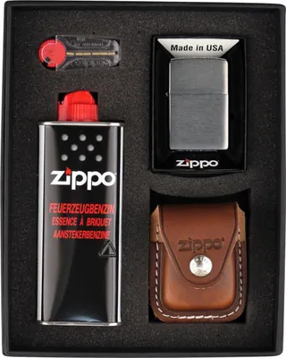 Produktbild von Zippo Geschenkset Feuerzeug Chrom gebürstet mit brauner Ledertasche mit Schlaufe