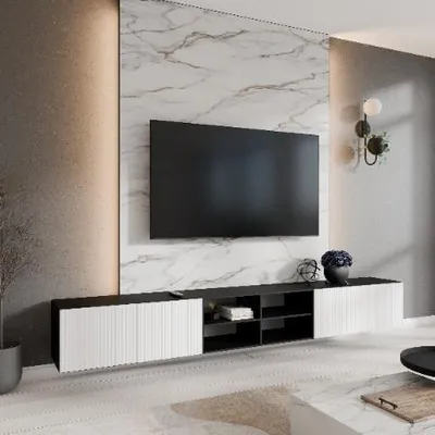 Obrázok produktu pre Margaret Hadas24 TV skrinka Noe IV TV skrinka TV lowboard 300 cm Zavesená, moderný dizajn, obývačka, montáž na stenu, TV nábytok čierny, biely