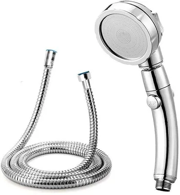 Imagen del producto de Ducha de mano con manguera de 140 cm, de alta presión y bajo consumo, con función de giro de 360 grados, cromada, con 3 modos de chorro y un botón de selección