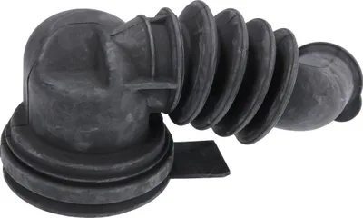 A black corrugated drain hose, likely for a washing machine, with a right-angle elbow on one end and a flexible bellows section leading to a flared end on the other.