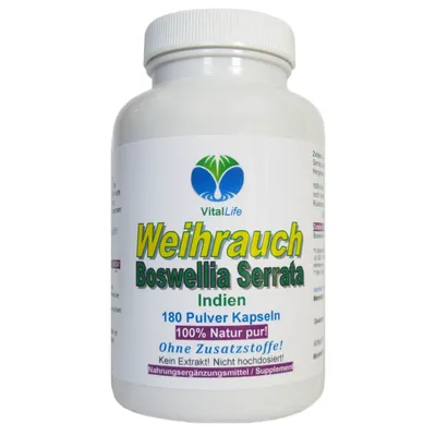 Produktbild von Weihrauch Indischer Boswellia Serrata 180 Pulver Kapseln NATUR Pur NICHT hochdosiert KEIN Extrakt OHNE Zusatzstoffe OHNE Füllstoffe.