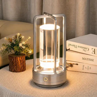 Produktbild von Tragbare Innen-/Außentischlampe aus Metall, kabellose wiederaufladbare LED-Lampe, 3 Farben stufenlos dimmbar, Beleuchtung für Restaurant/Schlafzimmer