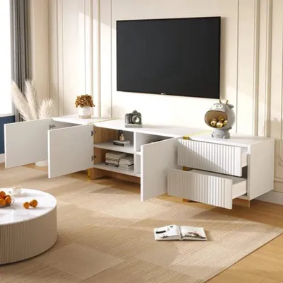 Image de Meuble TV - 190 cm - Blanc - Aspect bois avec accents dorés - Meuble moderne pour le salon
