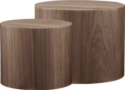 Two cylindrical side tables made of wood-like material are shown side-by-side.